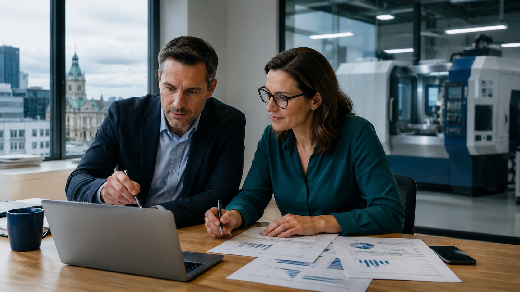 Entrepreneur et comptable analysant deux structures de crédit-bail pour un équipement industriel