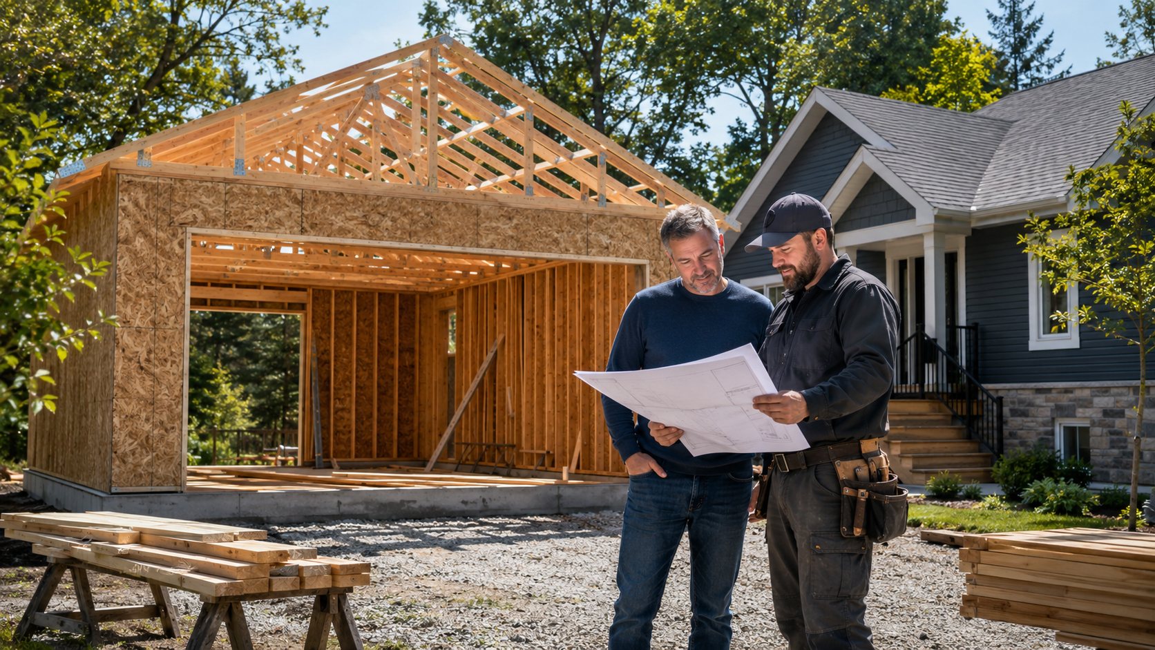 Propriétaire faisant construire un nouveau garage grâce à une deuxième hypothèque