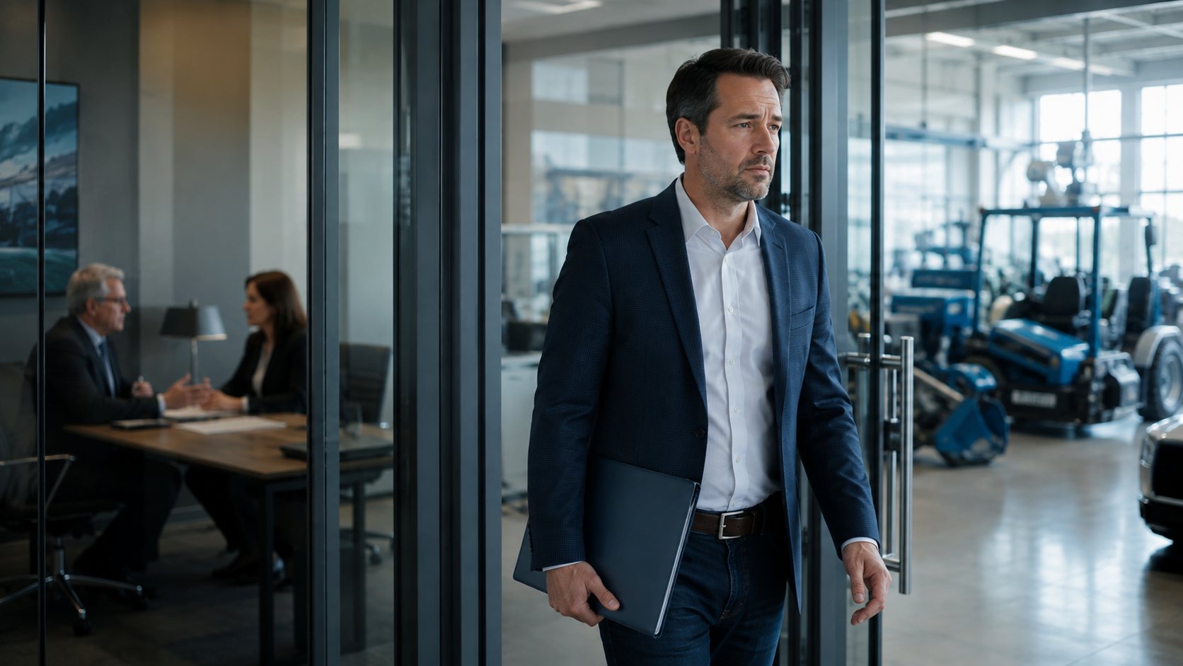 Entrepreneur quittant une rencontre bancaire après un refus de financement pour son équipement