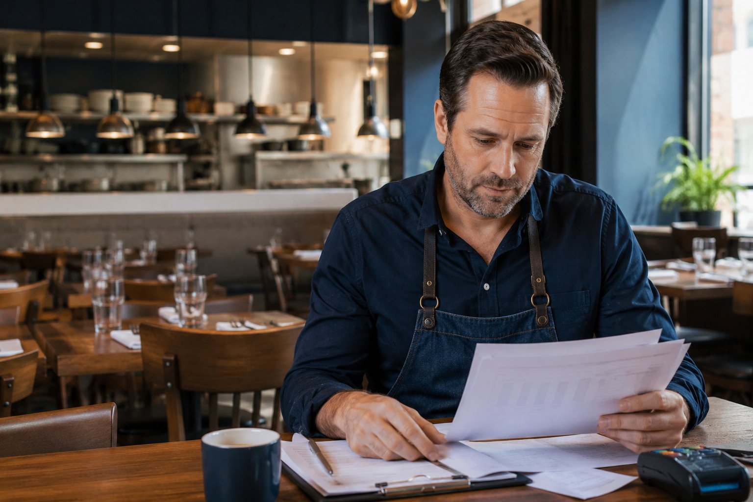 Propriétaire de restaurant québécois examinant ses ventes et ses dépenses dans sa salle
