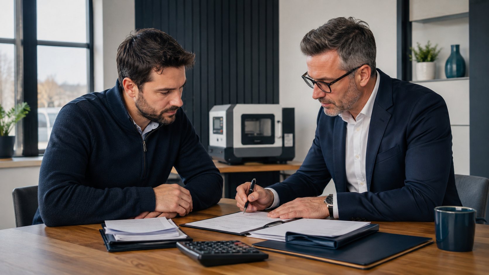 Entrepreneur et comptable vérifiant le traitement fiscal d’un crédit-bail d’équipement