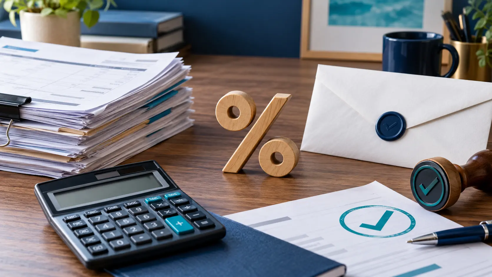 Factures, calculatrice et symbole de pourcentage représentant une négociation de dette